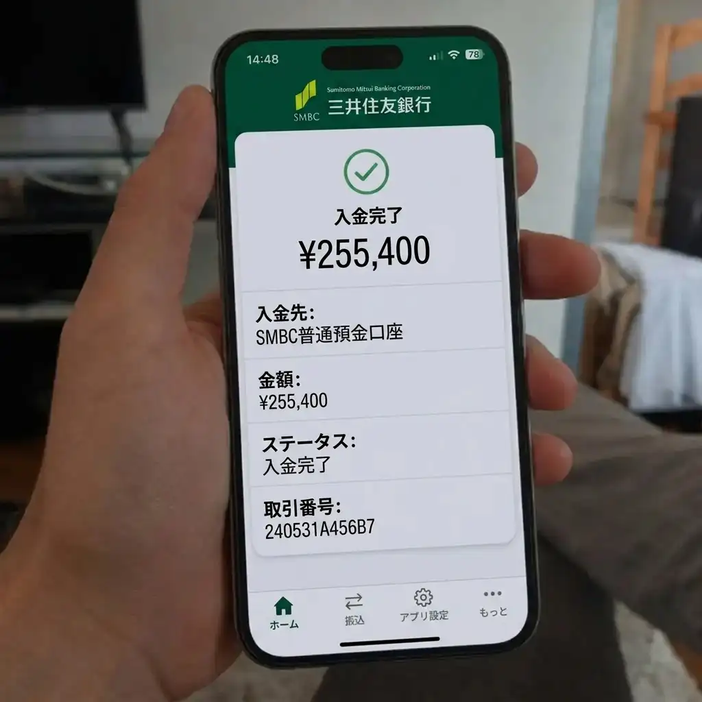 三井住友銀行の振込画面：からの255,400円の入金通知